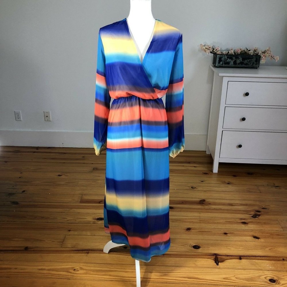 Haoohu Chiffon Rainbow Blouson Surplice Dress XL